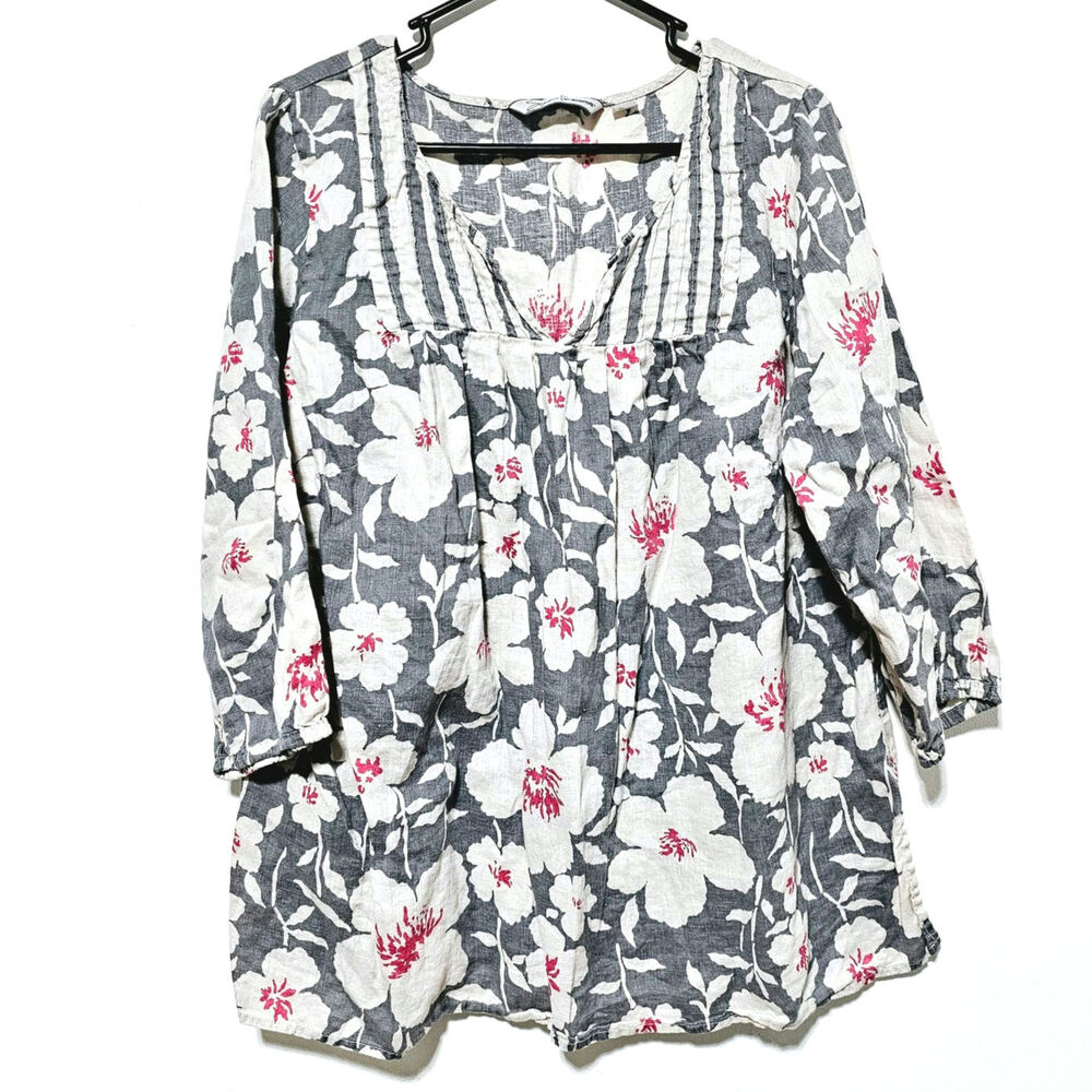 Soft By Avenue 100% Linen Top Gray Floral V-neck 3/4 Sleeve Women's Size 18/20